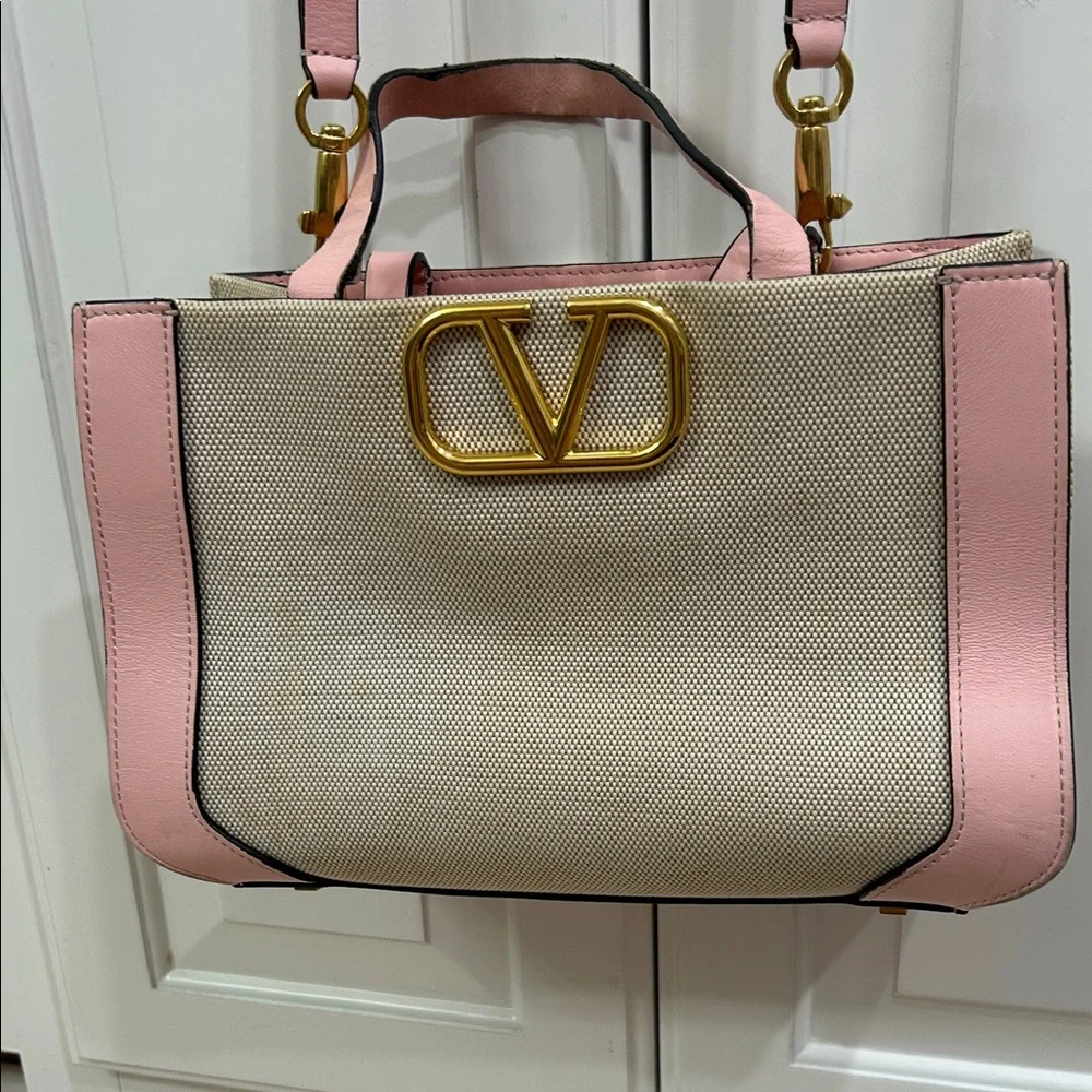 Valentino Garavani Pink Leather and  Canvas  Small tote bag VG gold logo